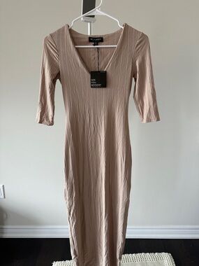 See You Monday Ribbed Midi Dress in Beige